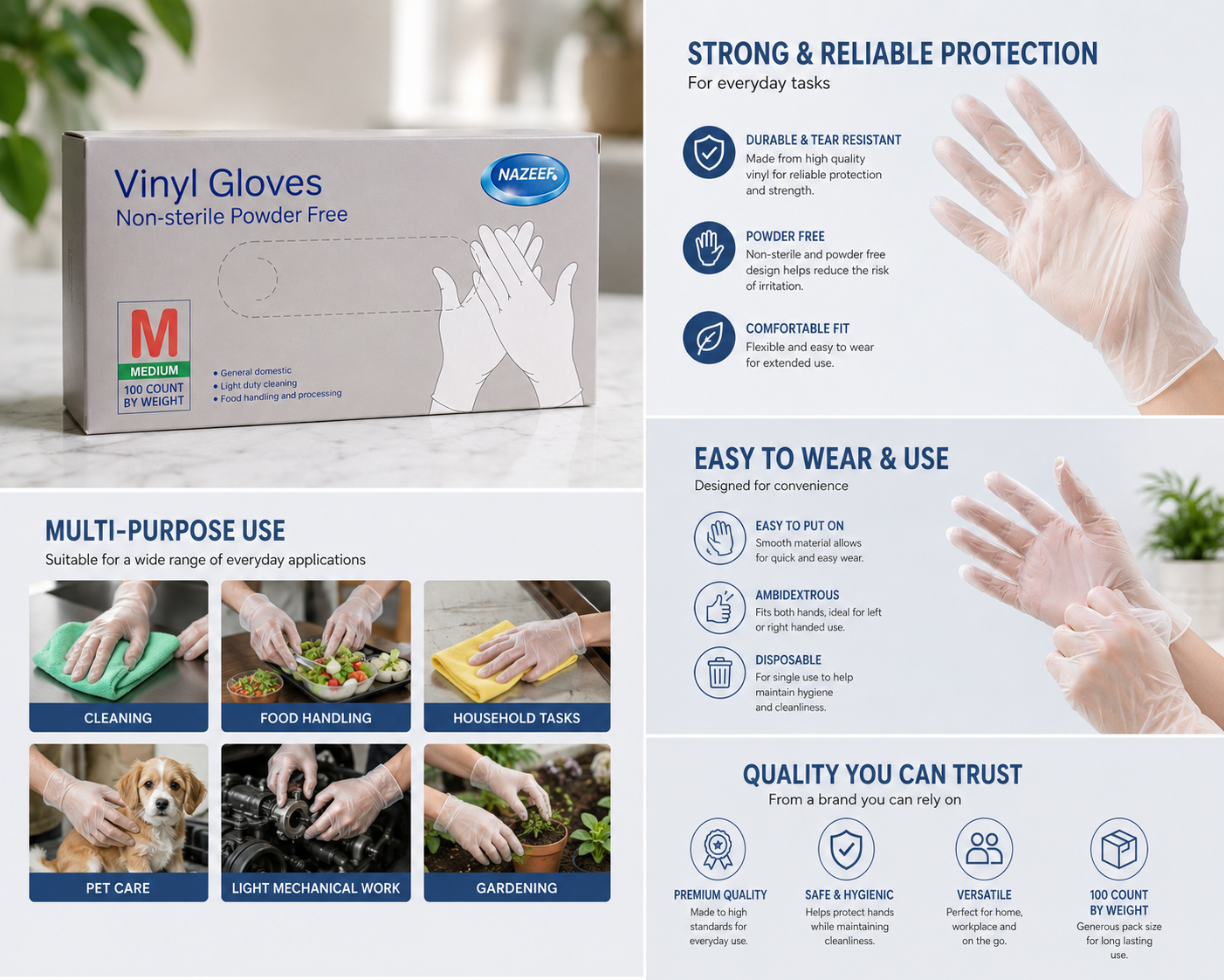 NAZEEF VINYL GLOVES NON STERILE POWDER FREE SIZE M 100pcs