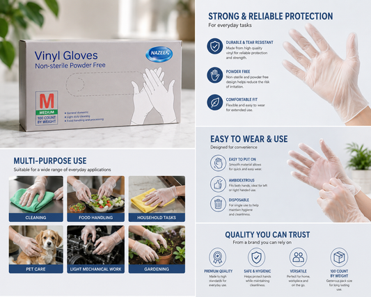 NAZEEF VINYL GLOVES NON STERILE POWDER FREE SIZE M 100pcs