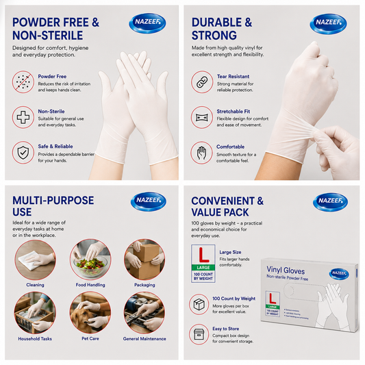 NAZEEF VINYL GLOVES NON STERILE POWDER FREE SIZE L 100pcs