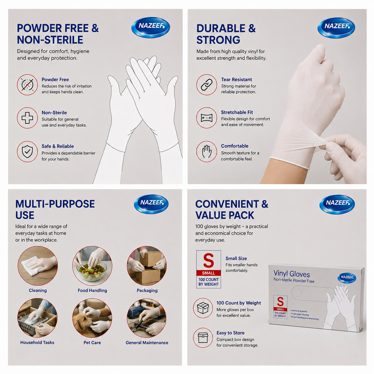 NAZEEF VINYL GLOVES NON STERILE POWDER FREE SIZE S 100pcs
