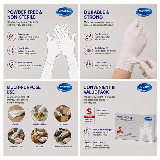 NAZEEF VINYL GLOVES NON STERILE POWDER FREE SIZE S 100pcs