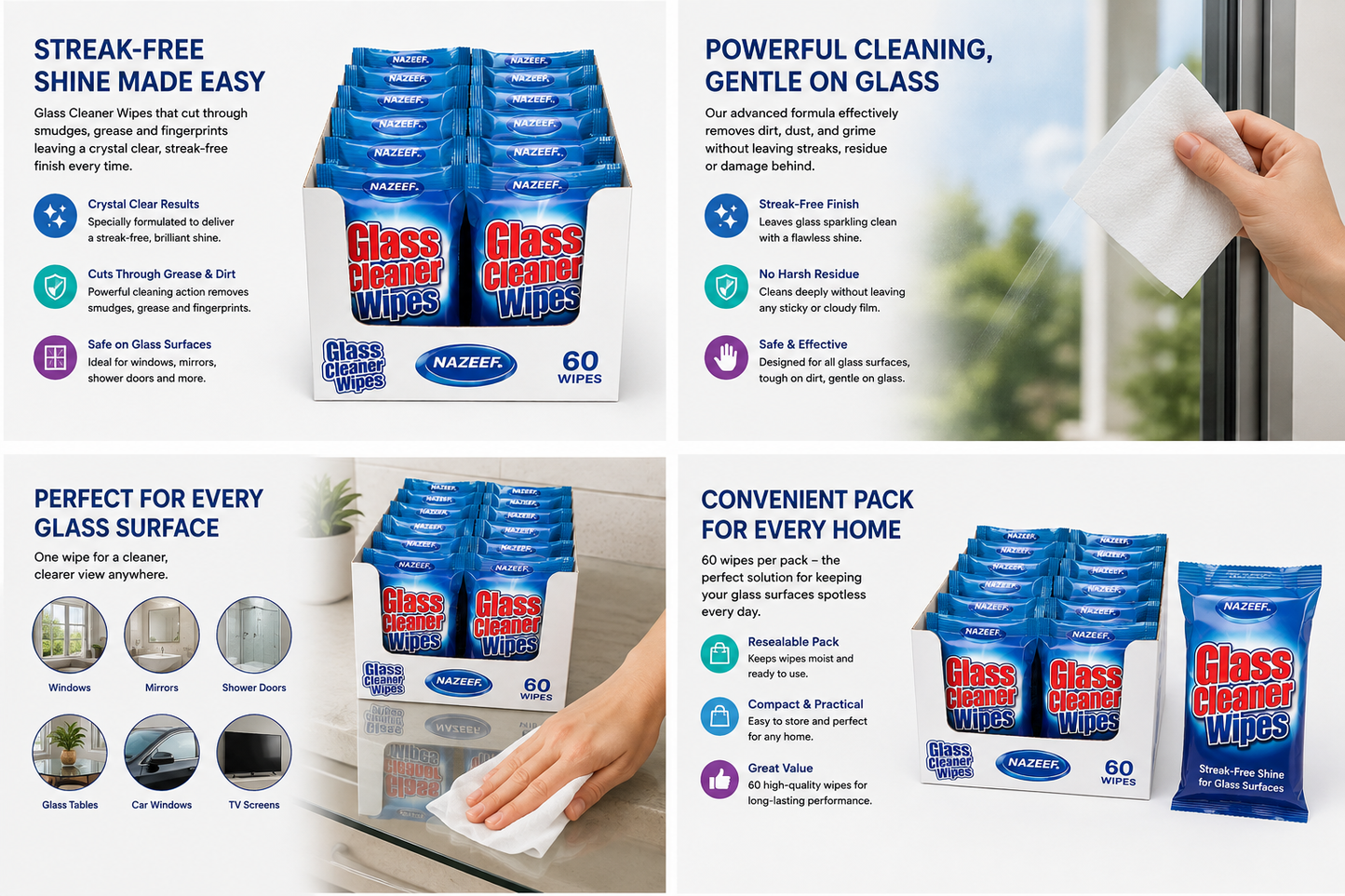 NAZEEF GLASS CLEANER WIPES 60 WIPES 10pcs